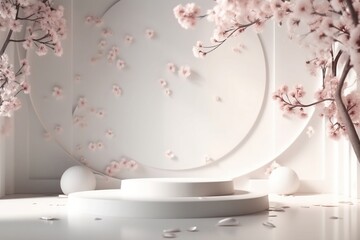 pink and white cherry blossom skincare products podium