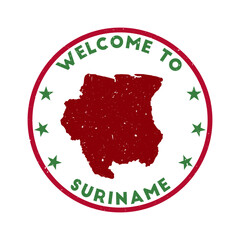 Welcome to Suriname stamp. Grunge country round stamp with texture in Autumn Crocodile color theme. Vintage style geometric Suriname seal. Neat vector illustration.