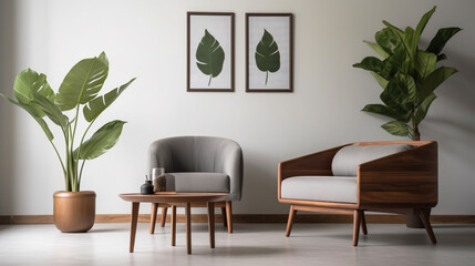 Minimalist living room, furniture, potted plant, minimalist background.