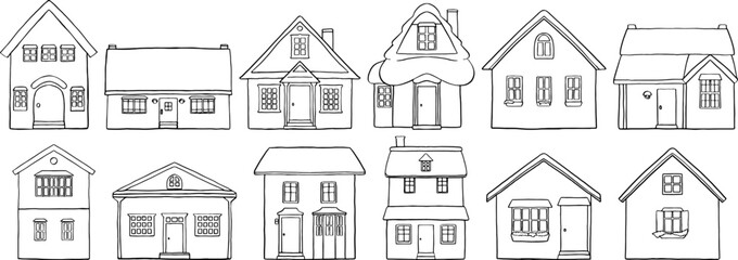 手描き線画の家のセット　 ベクター素材