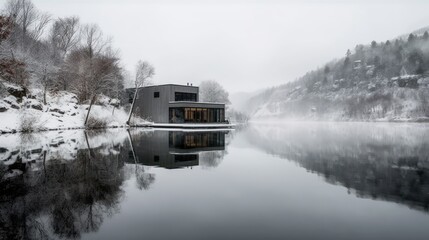 Modern house bordering a frozen lake. Generative AI illustration.