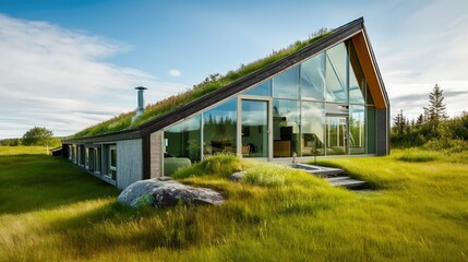 Fototapeta na wymiar Modern house concept, with grass on the roof. Green home design. Generative AI illustration.