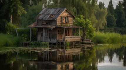 Fototapeta na wymiar Old wooden house on a river. Generative AI illustration.