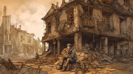 a bombed-out building with a lone survivor. digital art illustration