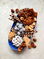 charcuterie sweet food dessert platter on stone table