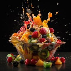 Fototapeta na wymiar Fresh delicious and healthy fruit salad with splashing yogurt. Generative AI
