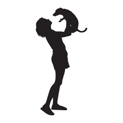 Girl lifting picking up little dog puppy vector silhouette.