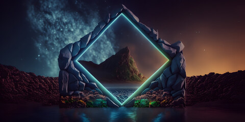 Vibrant Neon Rhombus Mountain Geometry, 3D Rendered Abstract with Gradient Colors