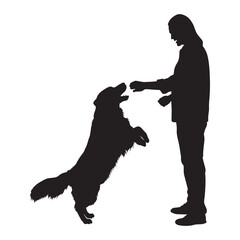 Dog jumping into man vector silhouette.