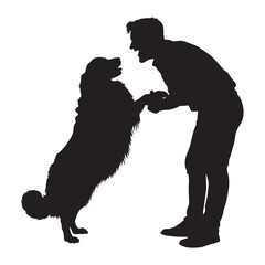 Dog standing next to man silhouette. Man shaking golden retriever dog legs vector silhouette.