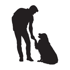 Man shaking hands golden retriever dog vector silhouette.