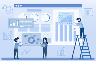Businessman working on online dashboard project. Analyze and share information with partners. Online dashboard analyzes data and trends. Flat vector illustration.
