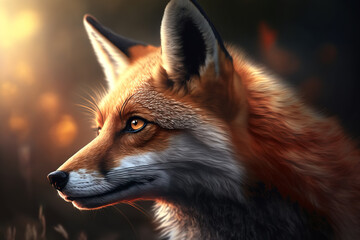 Red fox looking away in nature, sly predatory canine mammal outdoors. Animal generative ai illustration