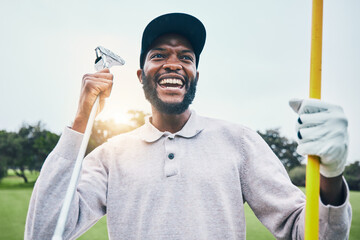 Golf, winner and happy with black man on field for training, sports and success in club....