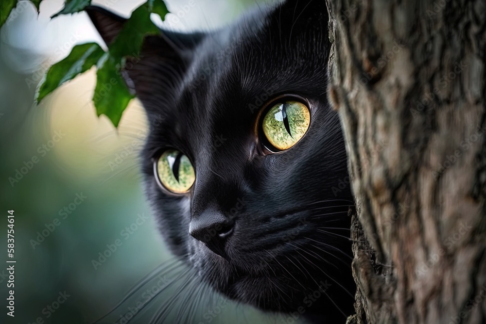 Poster image of a black cat up close by a tree generative ai