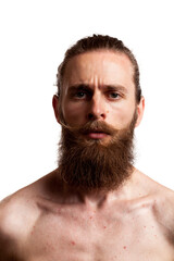 Cool hipster guy with long beard over white background in studio photo