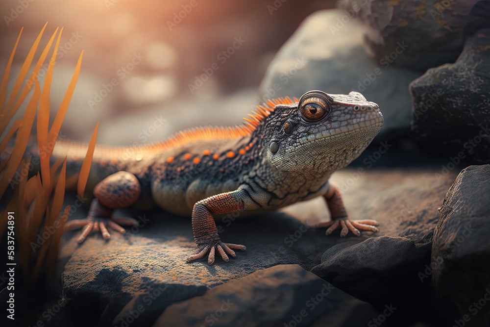 Poster a hazy closeup of a lizard perched on rocks in the sun generative ai