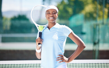 Tennis, portrait and smile of black woman on court ready for match, game or competition. Fitness,...