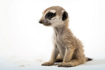 The meerkat or suricate cub, 2 month old, on white