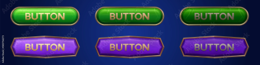 Poster medieval ui game button with gold frame sprite for animation. fantasy rpg title sign design on dark 