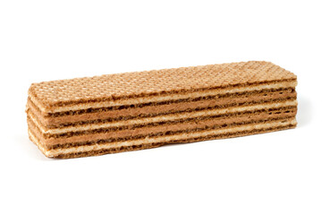 Multi-layer waffle with filling on a white background. Sweet crispy waffle.