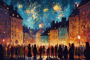Obraz premium A festive in a city square, with fireworks. digital art illustration