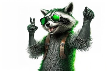 Fototapeta premium Funny raccoon in green sunglasses showing a rock gesture isolated on white background