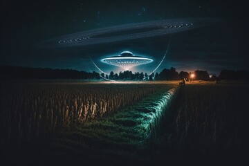 Fototapeta na wymiar Ufo Flying on Earth at Night over Field