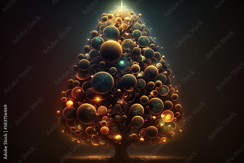 Poster tree decked up for the holidays with ornamental balls and twinkling lights generative ai