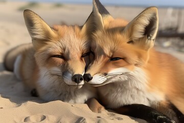 Fototapeta premium Wild baby red foxes cuddling at the beach