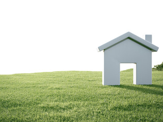 House symbol with empty grass floor. 3d rendering of green lawn and home icon.