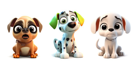 Fototapeta premium Illustration of three cute little puppies on white background, AI-generated image.