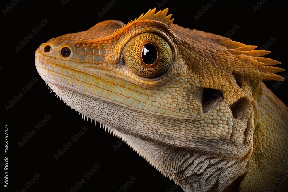 Poster lesser tree agamid pseudocalotes tympanistriga, closeup of the head, dark backdrop generative ai