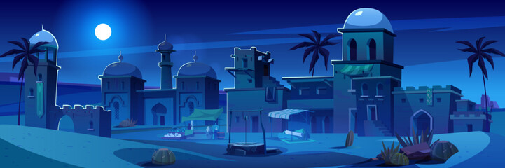 Naklejka na ściany i meble Night ancient arab city in desert cartoon landscape. Dark old arabian building in Egypt town. Muslim village with traditional market cityscape. East architecture in oasis panorama illustration.