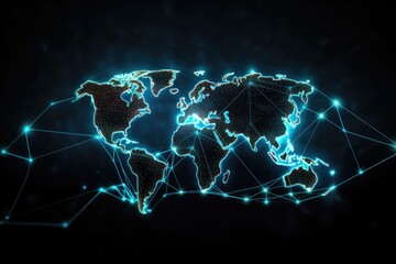 A futuristic depiction of a world map that showcases a technology network, with a sleek and polished style, evoking a sense of sophistication and innovation - obrazy, fototapety, plakaty