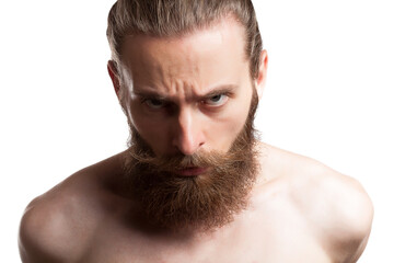 Cool man with long beard in studio photo over white background