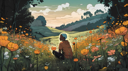 a person sitting in a field of flowers. digital art illustration