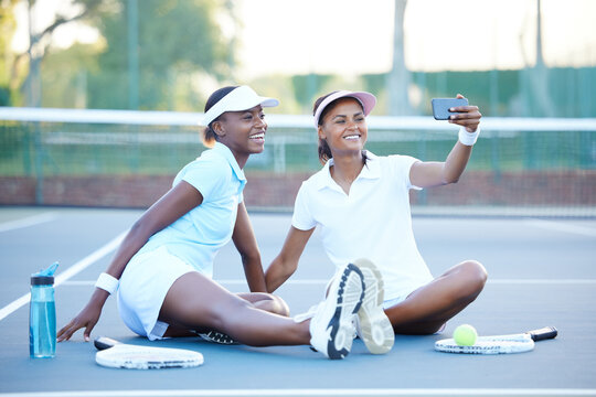 Tennis, selfie and happy black women on court after match, game or competition. Teamwork, sunset smile and girls, friends or athletes taking photo for sports memory, social media or profile picture.