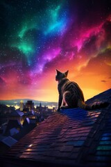 The cat sits on the roof of the house against the background of the starry sky. Generative AI