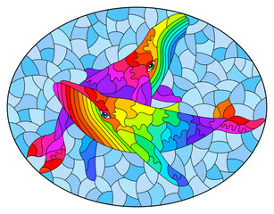 An illustration in the style of a stained glass window with blue whales on a background of water, oval image