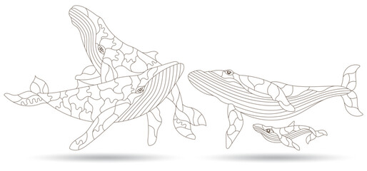 A set of contour illustrations in the style of stained glass with abstract whales, dark contours on a white background