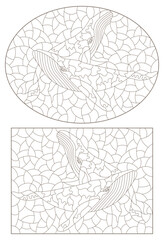 A set of contour illustrations in the style of stained glass with abstract whales, dark contours on a white background