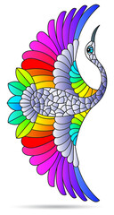 Illustration in the style of stained glass with swans flying bird, animal isolated on a white background