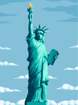 Pixel liberty statue. NYC city architecture symbol, USA democracy and freedom memorial and United States of America liberty statue vintage arcade, 8bit game vector pixelated background or wallpaper