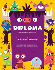 Kids diploma with cartoon funny monsters and creature characters, vector kindergarten certificate. Cheerful bizarre alien monsters, furry yeti and gremlins on school diploma or award background