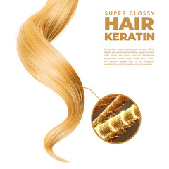 Hair care, shampoo, moisture, keratin. Healthy blonde strand with strong lock structure close up zoom. Realistic 3d vector long female shiny curl with super glossy effect. Professional beauty care - obrazy, fototapety, plakaty