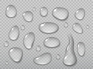Realistic water drops on transparent background. Vector droplets of rain or dew, water vapor or steam condensation on wet surface. 3d clear aqua drops and liquid bubbles with light reflections