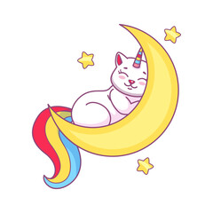 Cute cartoon caticorn character sleeping on moon. Fairy creature, magic kitten or fantasy unicorn cat funny vector personage. Fairytale caticorn with rainbow colors horn and tail