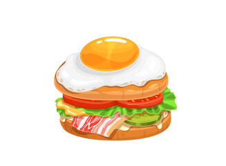 Cartoon egg sandwich with bacon, lettuce, tomato and cucumber, vector breakfast bread meal. Fast food snack or breakfast and lunch menu, sandwich with egg and bacon on bun, delivery or takeaway food