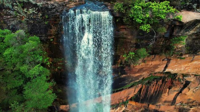 Fitzroy Falls, Australia, Aerial Drone Downward pan from Top of Falls
